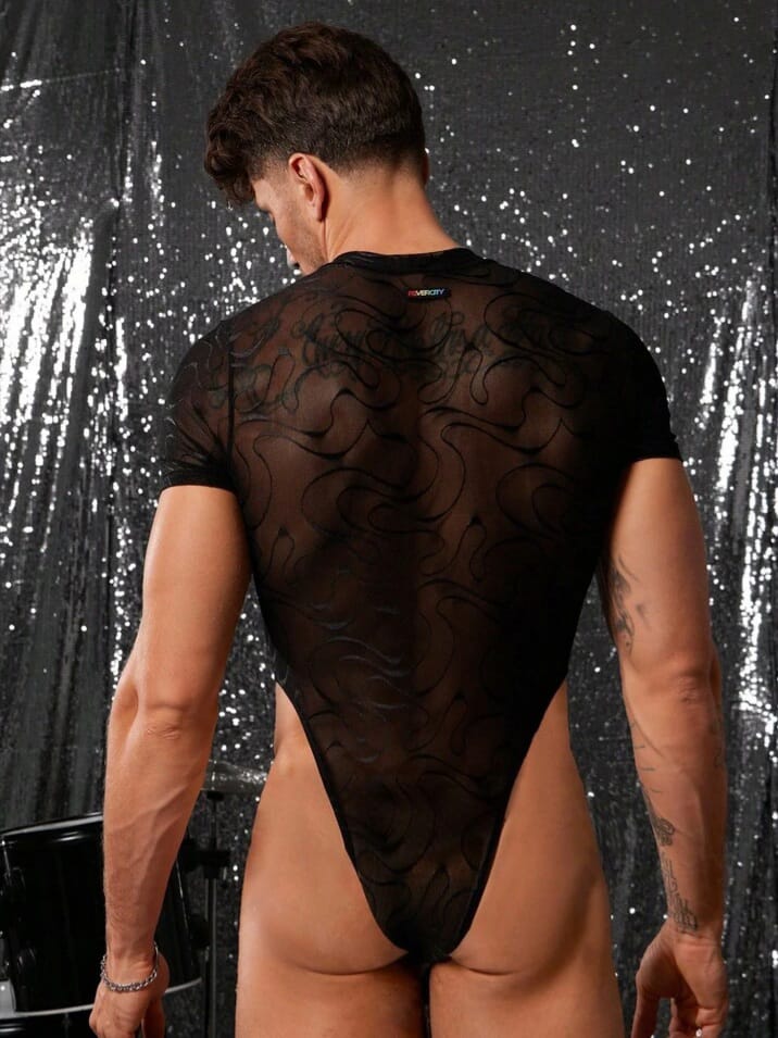 Uptown Funky Semi-Sheer Sexy Round Neck Short Sleeve Men's Bodysuit